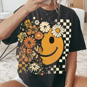 Retro Groovy Smiley Face T-Shirt, Happy Flowers And Checkerboard, Unisex, Oversized, Unique, Good Vibes, Casual Wear, Cotton, Short Sleeve, Crew Neck	