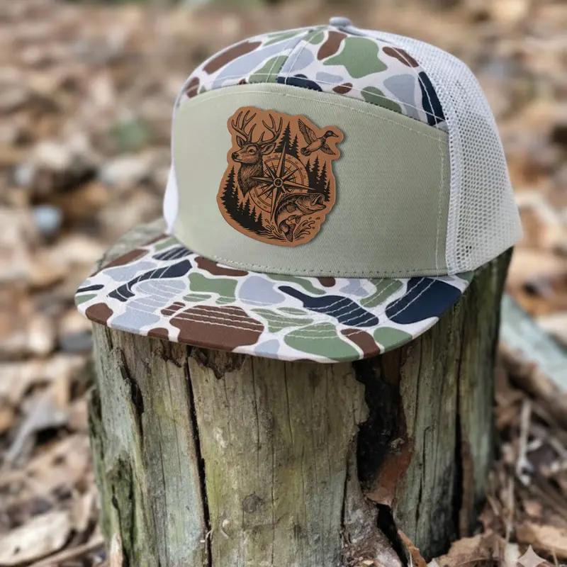Hunting Trucker Hat with Deer Duck Fish Compass Patch – Duck Hunter Gift – Outdoor Camo Cap for Men – Fisherman & Bow Hunter Hat