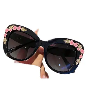 BLACK  Dark Lensed Sunglasses with Pink Floral Embellishments for Women MY NUMBER 1 complimented sunglasses l!!!