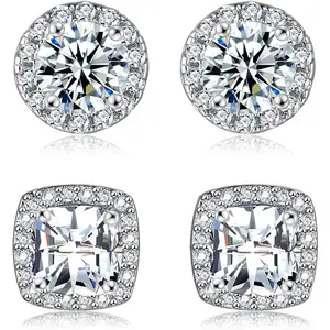 18K White Gold Plated Round Square Cubic Zirconia Simulated Diamond Halo Stud Earrings (2 Pairs)