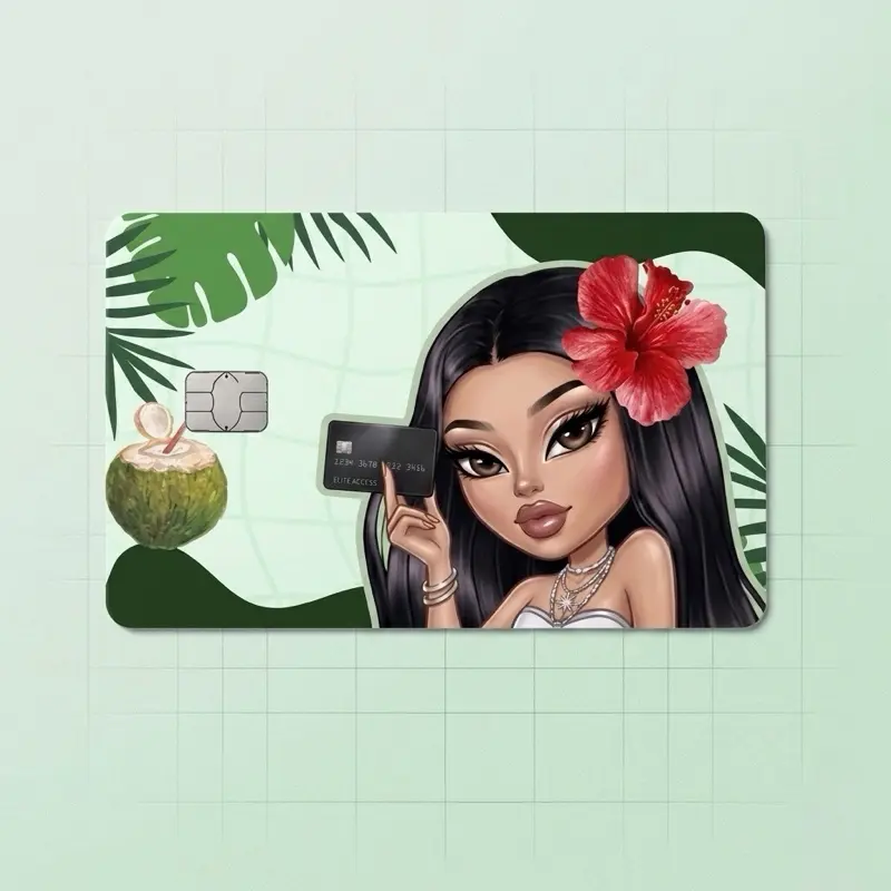 Tropical Girl Card Sticker Covers, 3.37x2.125 in Waterproof Vinyl, Aesthetic Scratch-Resistant Laminated, Premium Durable for DIY Scrapbooking & Stamping, Card Sticker Cover