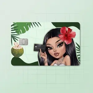 Tropical Girl Card Sticker Cover, Waterproof Vinyl, Aesthetic, 3.37x2.125 in, Scratch-Resistant Laminated, Durable Premium Design for DIY Scrapbooking & Stamping