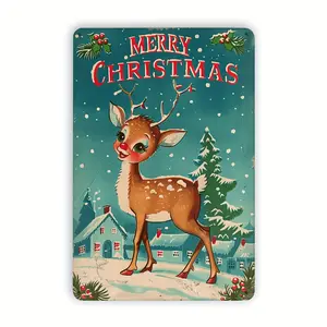 1pc Vintage Christmas Reindeer Iron Tin Sign, 8x12 inches, Merry Xmas Wall Decor for Home, Bar, Cafe, School, Library, Garage - Indoor/Outdoor Hanging Decoration