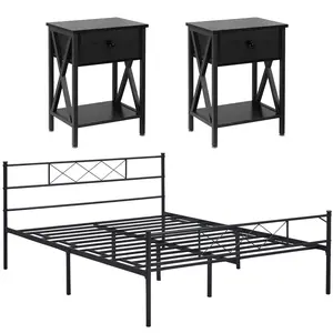 VECELO 3 Pieces Bedroom Set Bed Frame with Nightstands Set Metal Platform Queen Size, Bed Frame with Headboard, Steel Slat Support, No Box Spring Required, Easy Assembly, Twin/Full/Queen, Black/White