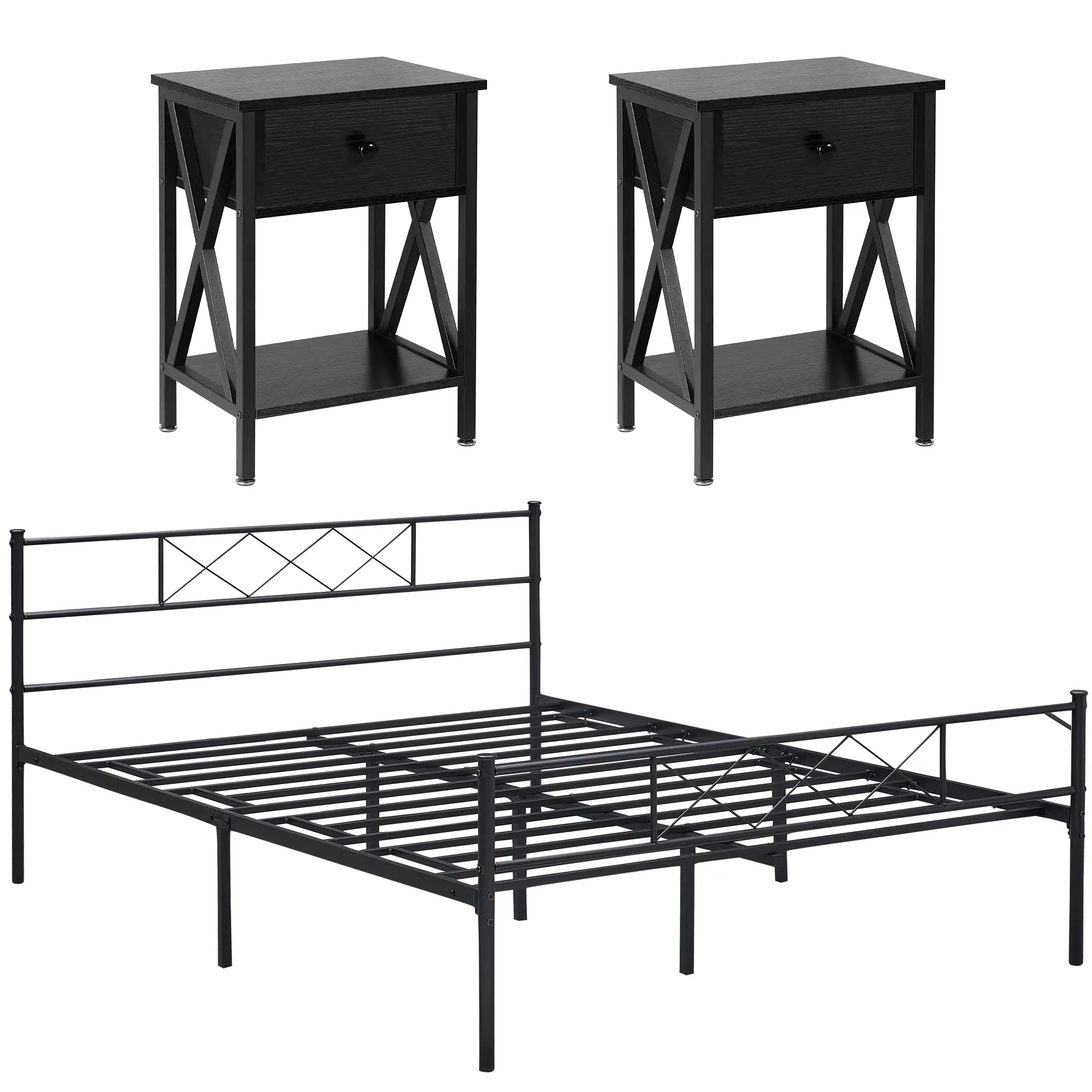 VECELO 3 Pieces Bedroom Set Bed Frame with Nightstands Set Metal Platform Queen Size, Bed Frame with Headboard, Steel Slat Support, No Box Spring Requ
