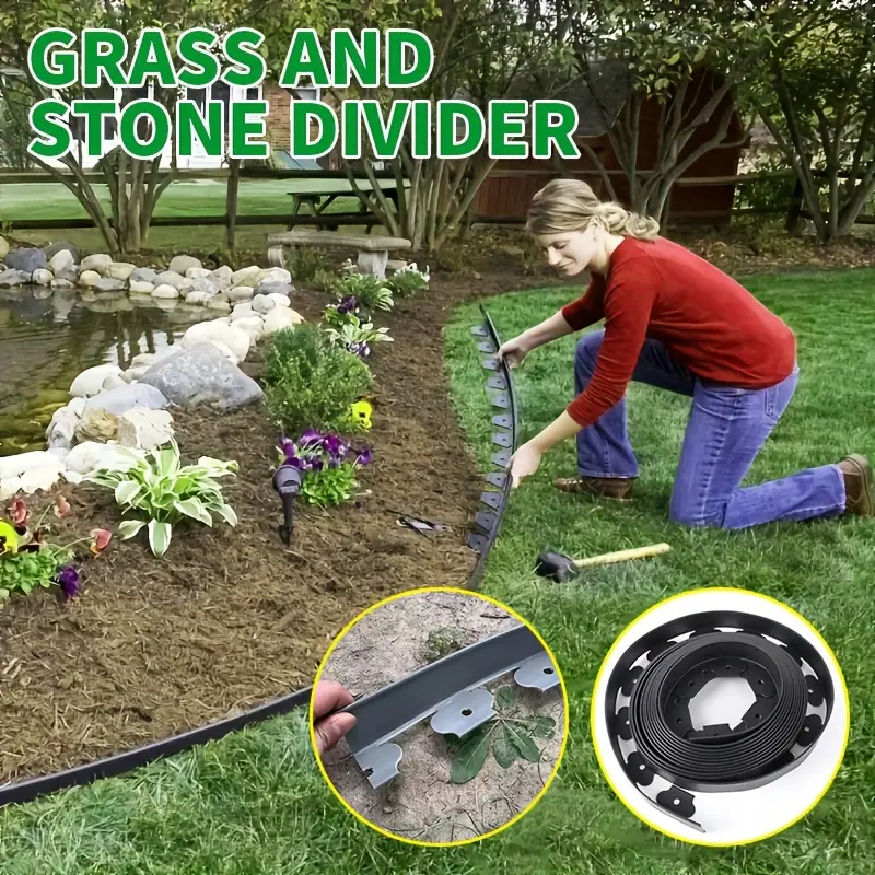 Easy Install No Dig Garden Border Kit, 1 Roll 196.85 Inches, Durable Soft Edging, Includes 15 Nails, Ideal for Outdoor Landscape Design, Gardens and Yards, Border Position, Stakes