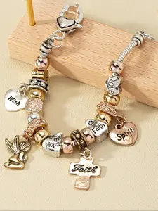Angel & Cross & Heart Charm Bracelet, Fashion Letter Design Bracelet for Women & Girls, Retro Fashion Jewelry for Party, Daily Clothing Decor, Trendy All-match & Exquisite Jewelry for Birthday Gift, Heart Shaped Bracelet