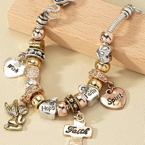 Angel & Cross & Heart Charm, Fashion Letter Design Bracelet for Women & Girls, Retro Fashion Jewelry for Party, Daily Clothing Decor, Trendy All-match & Exquisite Jewelry for Birthday Gift, Heart Shaped Bracelet, Alloy Heart Bracelets