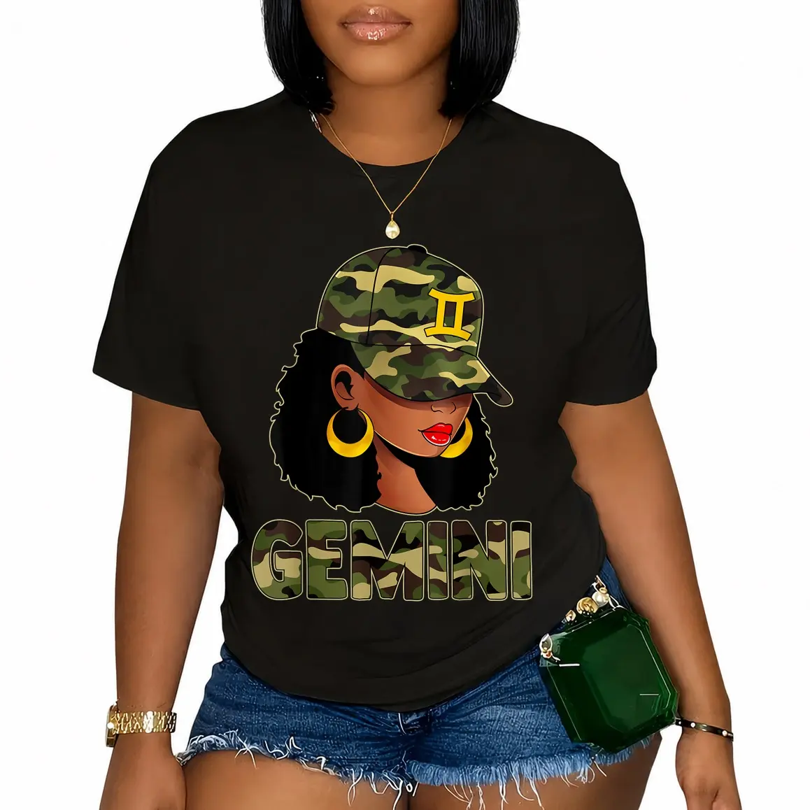 Women's 100% Cotton Short-Sleeve Crew Neck Relaxed Fit Casual T-Shirt - Gemini Zodiac Theme, Black Camouflage Abstract Whimsical Streetwear, Queen Size Everyday Top, Casual Tshirt Shirt, Alt Style