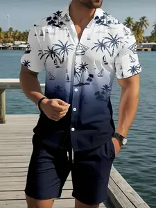 Men's Hawaiian Tropical Style Short Sleeve Blouse, Gradient Print Graphic Casual Vacation Top, Slim-Fitting with Button, Pair with Shorts Set