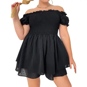 Plus Size Off The Shoulder Shirred Summer Short Sleeve Ruffle Short Romper