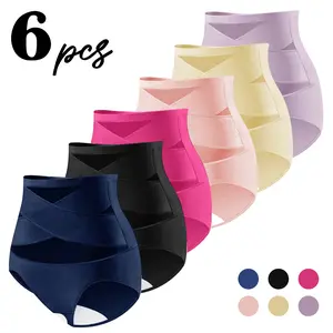 6Pcs/set Women Mesh Cross Waist Mid-Rise Panties Four Seasons Daily Underwear Tummy Control Hip Lift Shaping Comfortable Breathable Skin-friendly Autumn And Winter Women Slimming Basic Christmas Clothing lenceria  invisible High Stretch Seamless Fabric