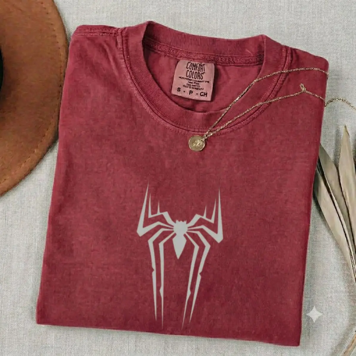 Comfort Colors Spider Superhero Emblem Graphic T-Shirt Retro Comic Cosplay Web Slinger Vintage Washed Crimson Heavyweight Tee