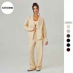 KatchMe Women's Elegant Solid Color V Neck Long Sleeve Button Cardigan & Drawstring Waist Trousers Co-ord, Cozy Loose Two Piece Outfits