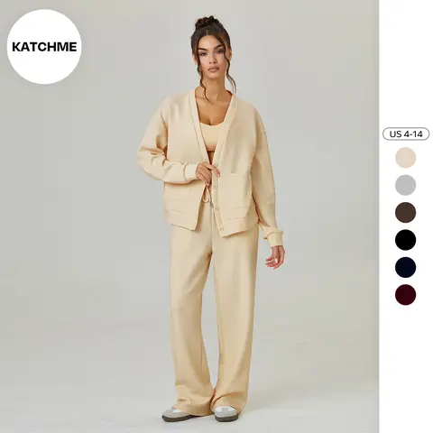 KatchMe Women's Elegant Solid Color V Neck Long Sleeve Button Cardigan & Drawstring Waist Trousers Co-ord, Cozy Loose Two Piece Outfits