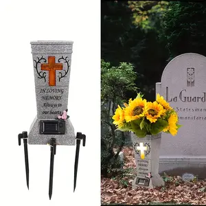 Solar Cemetery Grave Vase with LED for Fresh/Artificial Flowers Tombstone Vase with Spiked Tombstone Decoration, Gift in Memory of Lost Relatives