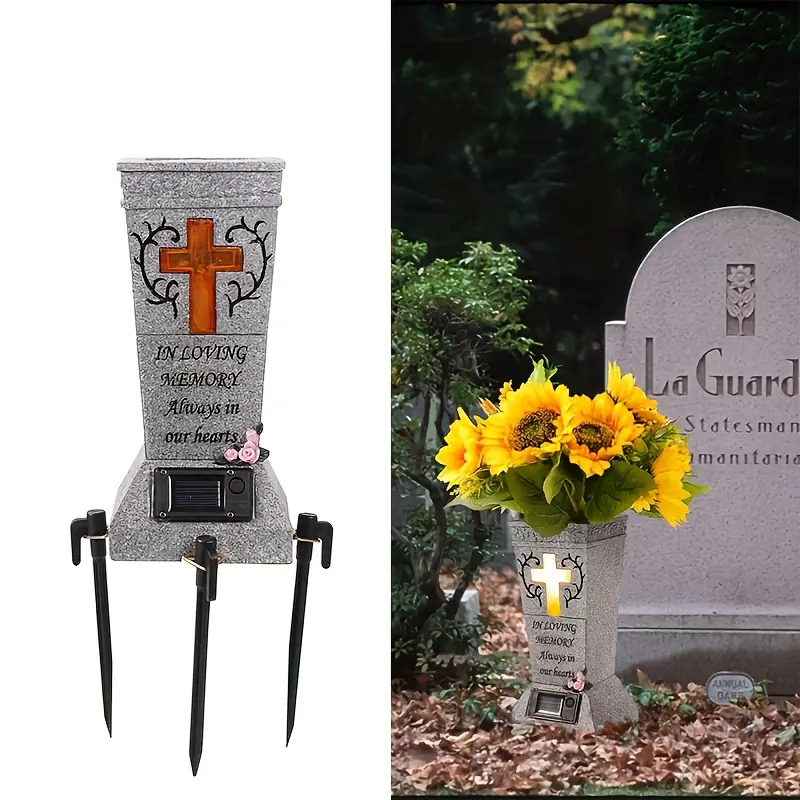 Solar Cemetery Grave Vase with LED for Fresh/Artificial Flowers Tombstone Vase with Spiked Tombstone Decoration, Gift in Memory of Lost Relatives