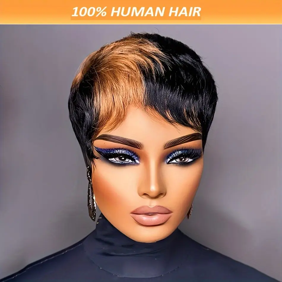 Women's 1B/30 Short Pixie Cut Human Hair Wig with Bangs - Black with Honey Blonde Side Part, 180% Density, Glueless Full Machine Made, Daily Wear, Halloween Use, Rose Cap, Straight Hair