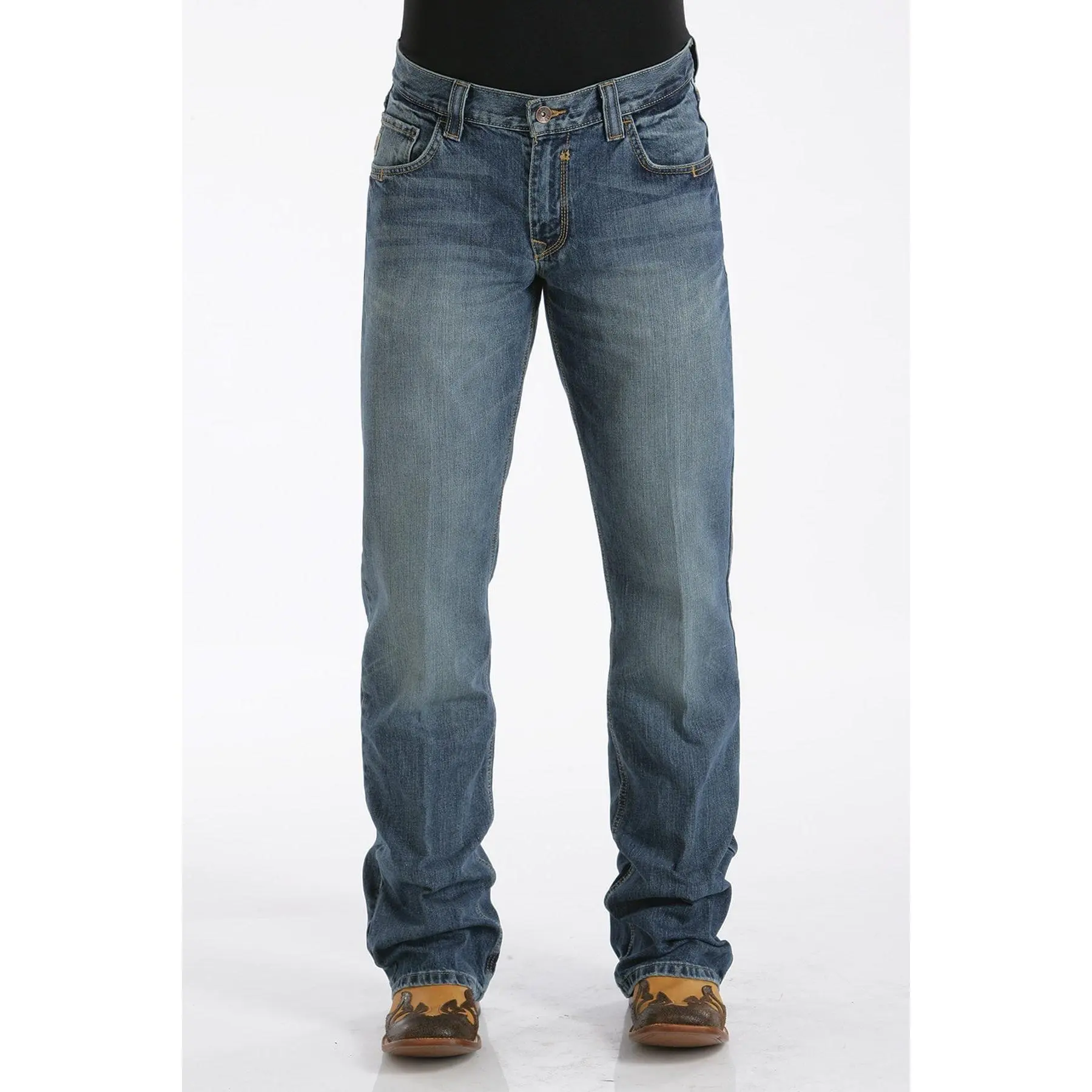 Men's Western Relaxed Fit Bootcut Jeans, Medium Stonewash Menswear with Hand Sanding, Chevron Details, and Embellished Pockets, Cotton, Denim