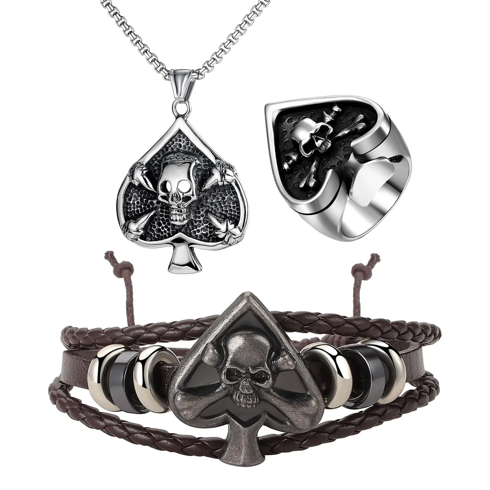 OIDEA Men's Skull Spade Ace Poker Card Jewelry Set, Stainless Steel Necklace Braided Leather Bracelet and Ring for Gothic Hip Hop Style