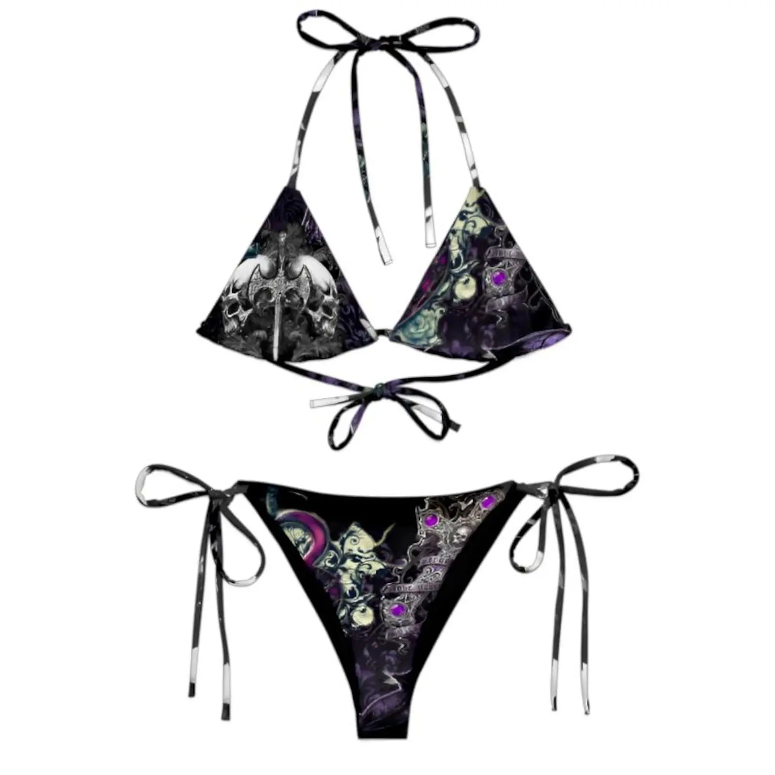Y2K Cyber Grunge Goth Bikini Set, Rave Two Piece Swimsuit, Dark Aesthetic Swimwear, Sexy Tie Side Bikini