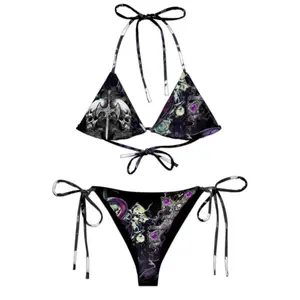 Y2K Cyber Grunge Goth Bikini Set, Rave Two Piece Swimsuit, Dark Aesthetic Swimwear, Sexy Tie Side Bikini