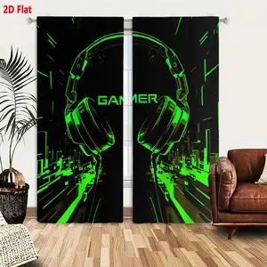 2D Flat Gaming Themed Blackout Curtains 2-Pack, Neon Green Accent Cyberpunk Cityscape Pattern Drapes for Bedroom Living Room, Light Blocking Thermal Insulated Window Curtains with Modern Gaming Decor Aesthetic