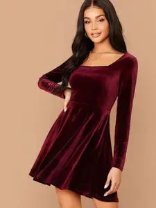 Burgundy Square Neck Wide Hem Velvet Dress, Evening Party Dresses, Elegant Party Gown, Fall Fashion, Women's Clothing, Comfortable and Stylish, Evening Glam Gown
