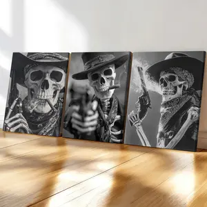 3-Pack Wood Frame Canvas Posters, Retro Cool Gun-Pointing Skull Art, Western Cowboy Decor, Modern Living Room Wall Art, Waterproof