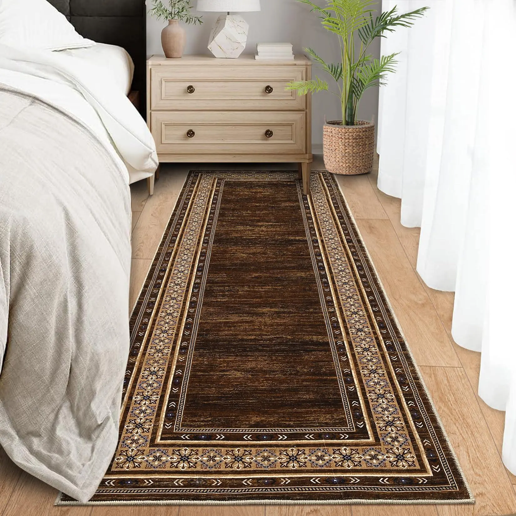 GARVEE Modern Washable Runner Rug 2x6 Non Slip Solid Area Rugs, Washable Kitchen Mats Bedside Rug, Stain Resistant Soft Bathroom Carpet, Foldable Runners for Hallways, Entryways, Red Brown