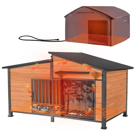 Aivituvin-AIR7021-IN-HP Extra Large Heated Insulated Metal-Frame Wooden Outdoor Dog House Kennel, 55.9"l x 31.8"w x 35.4"h, Waterproof, Rain/Wind Shield Roof, Detachable Liner, Heating Pad, 117 lbs Capacity for Year-Round Warmth, Animal Comfort