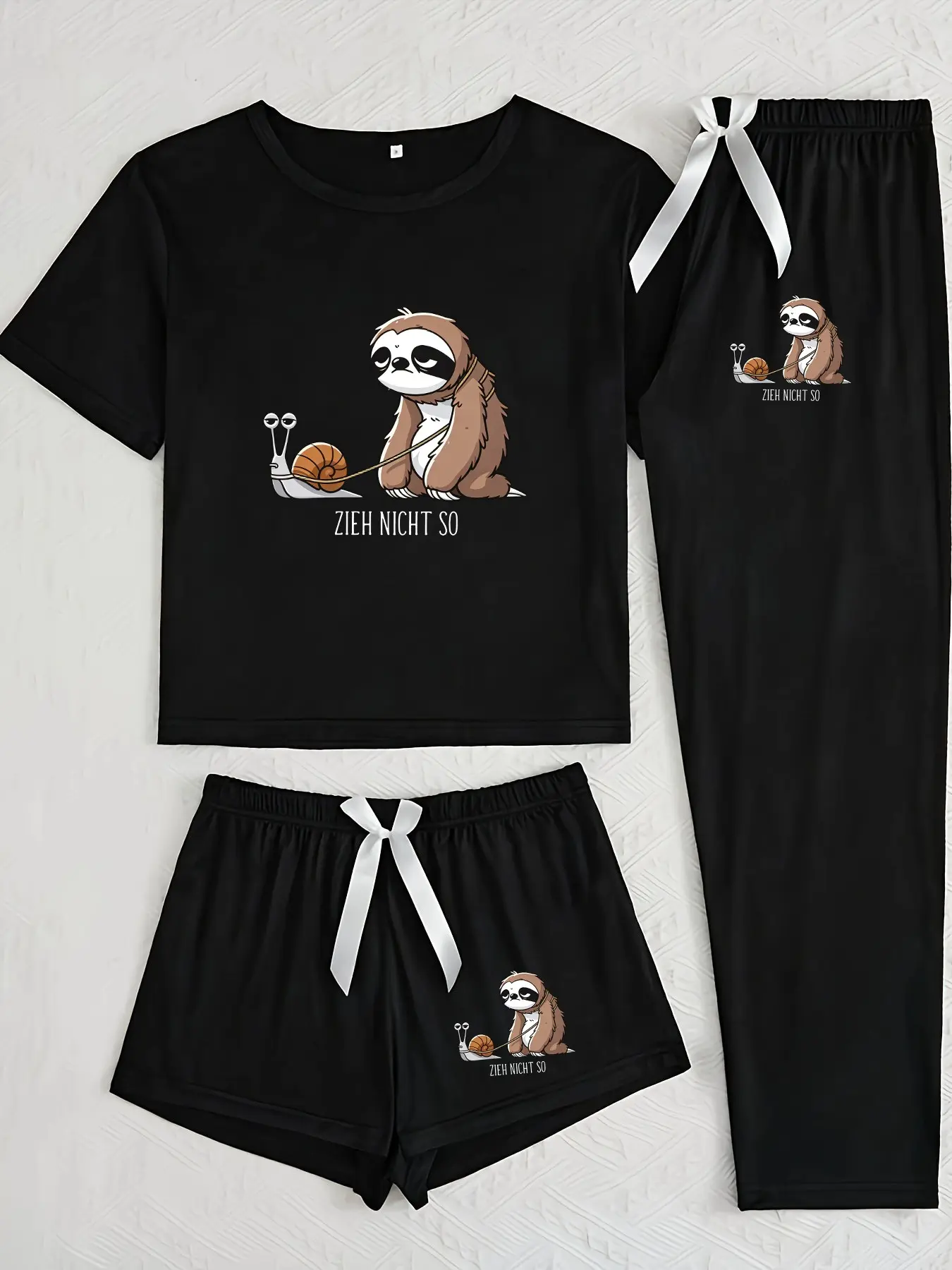 Three-Piece Pajama Set for Women, Turtle Sloth Print, Casual Fitted Sleepwear, All Seasons Comfortable Nightwear