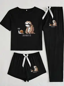 Three-Piece Pajama Set for Women, Turtle Sloth Print, Casual Fitted Sleepwear, All Seasons Comfortable Nightwear