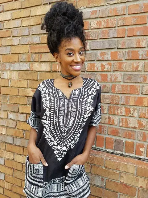 Black and White Traditional African Print Dashiki Shirt-DP3578W | African Fashion | Dupsie's