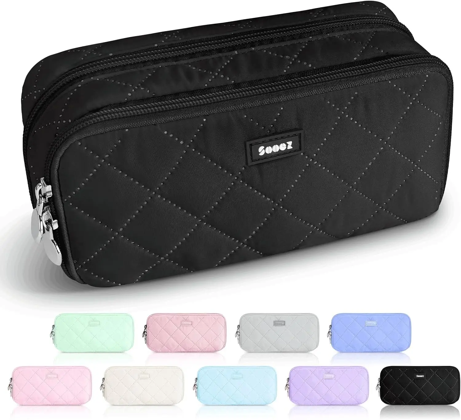 Sooez Large Pencil Case Pouch, Extra Big Pencil Bag with 8 Compartments, Pen Bag Wide Opening, Soft Quilted Pencil Pouch Organizer with Zipper, Portable Pencil Case for Teen Girls, Black Gift