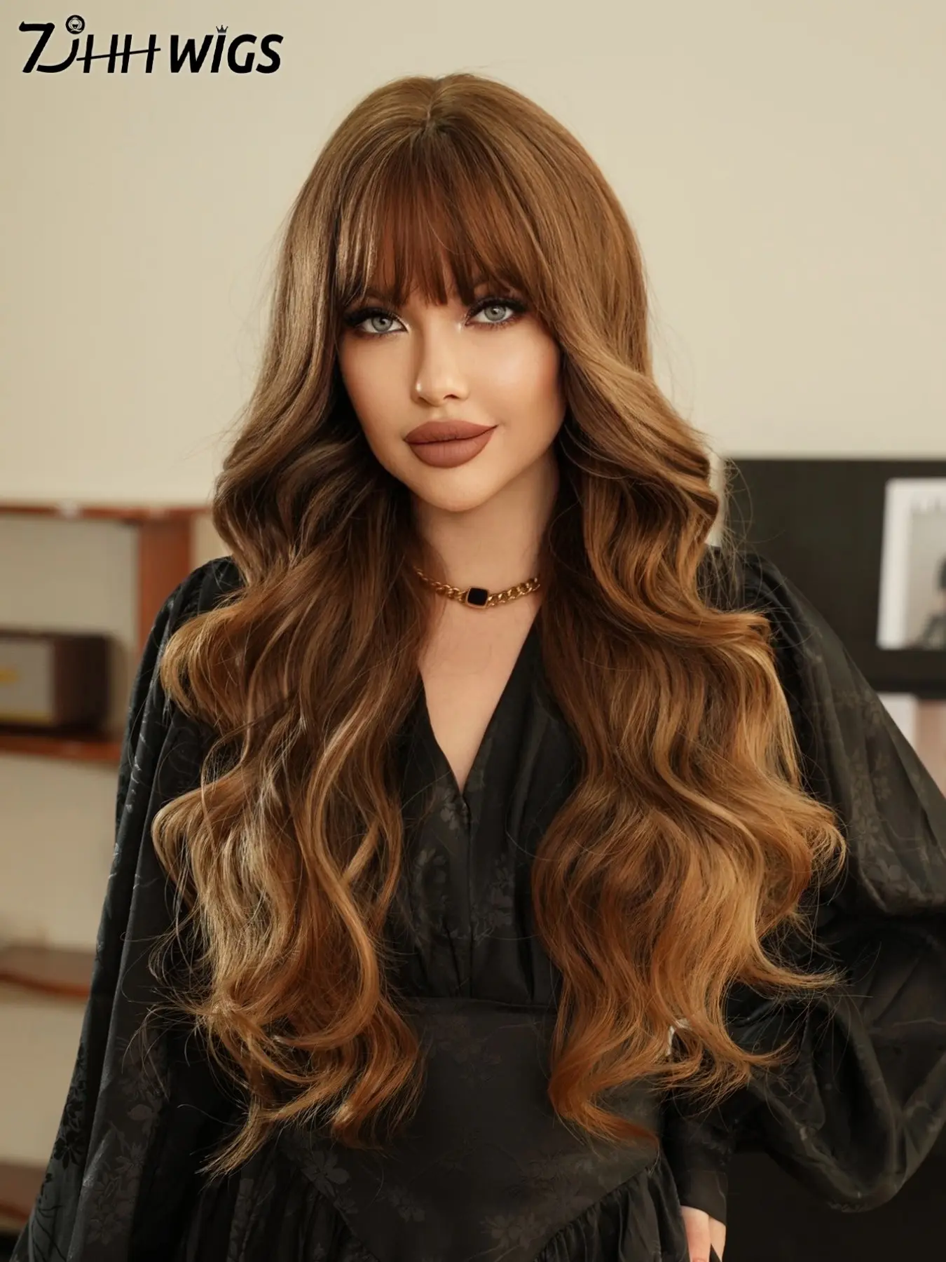 28 Inch Long Wavy Blonde Highlight Wigs for Women - Elegant Long Curly Wig with Air Bangs, Natural Looking Premium Silk Synthetic Heat-Resistant Fiber Wig for Daily Wear, Music Festival Use, Mother's day gifts & Graduation Gift, Synthetic Hair Wigs