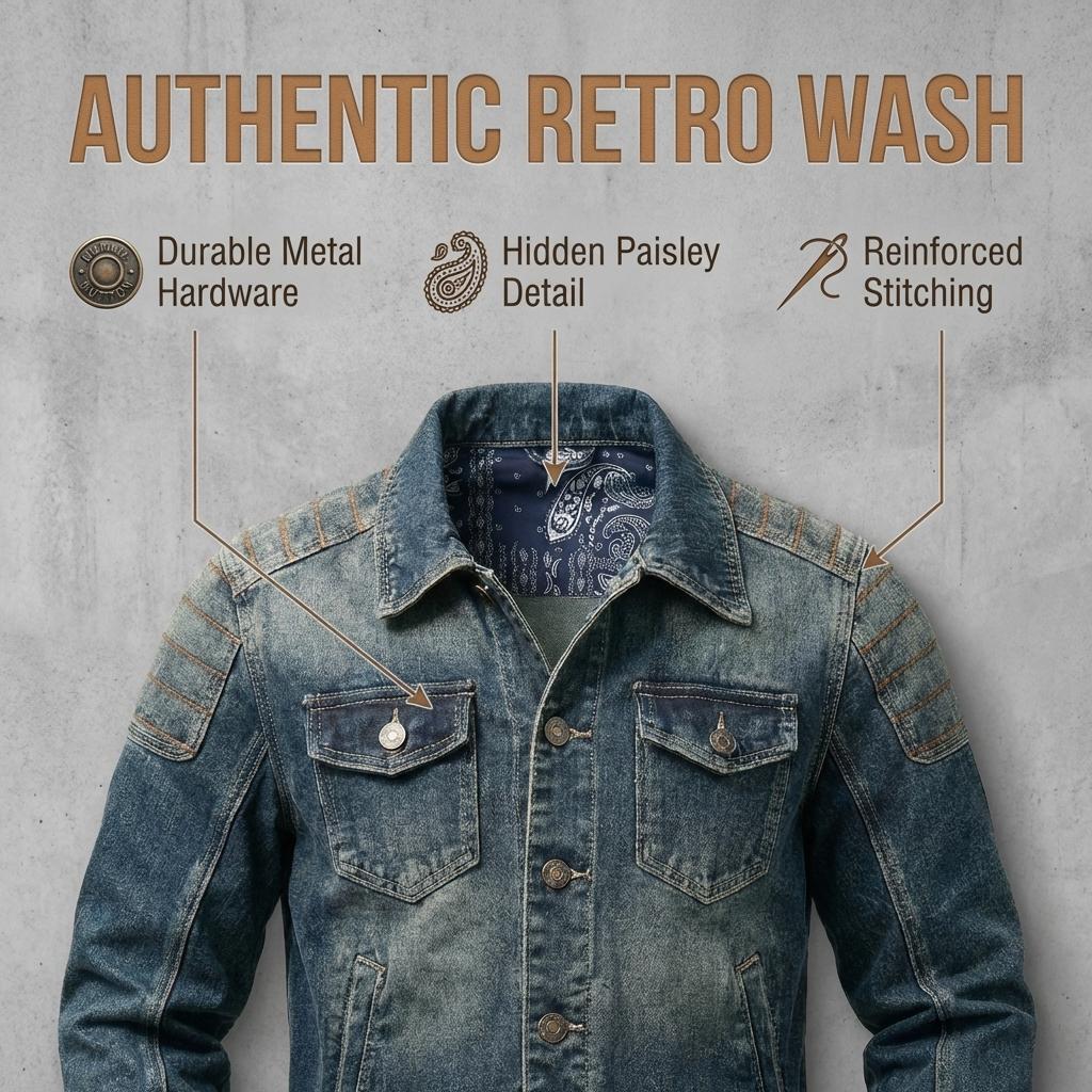 Men's Vintage Washed Denim Jacket, Retro Distressed Biker Jean Jacket with Paisley Lining, Classic Trucker Jacket with Shoulder Stitching, Casual Button-Down Motorcycle Denim Coat for Men, Fashion Streetwear Denim Jacket for Daily Wear, Riding, Outdoor