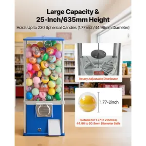 VEVOR Gumball Machine for Kids, 25 Height Home Vending Machine, PS Bouncy Balls Dispenser, Hold 230 Capsule Toys, Rectangle Bubble Gum Machine for Game Stores, Coin Operated Gumball Bank, Blue