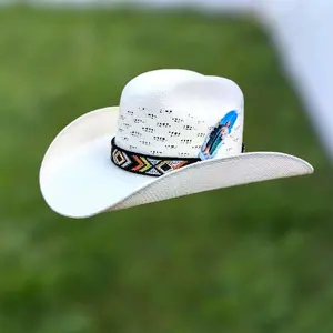 Cowboy Hats SjT White and Black Excelent Quality with Colorful Band and Feather Sjt Decoration Cowboyhats