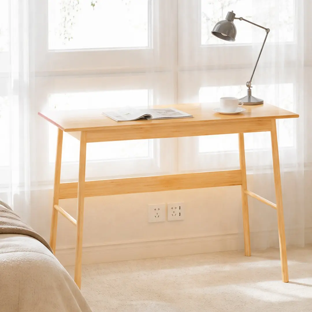 ARCH Bamboo Computer Desk 41in Writing Desk for Home Office Gaming Desk Study Table Modern Simple Z-Shape Desk with H-Legs Open Storage Lacquered Finish Light Natural for Bedroom Workstation, Light Natural Color Options, Bamboo Material