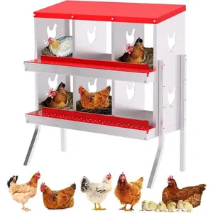 6 Holes with Legs（Red) Metal Chicken Nesting Boxes, Chicken Egg Laying Box , Large Vented Holes Chicken Coop with Rollout Egg Collection, Wall Mount Coops for Chickens, Hens