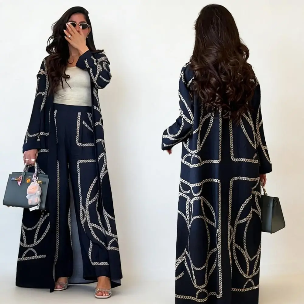 2 Piece Set Women Abaya Shirt Muslim Morocco Caftan Dubai Outfits Musulman Ensemble Ramadan Long Cardigan Wide Leg Pants Suit