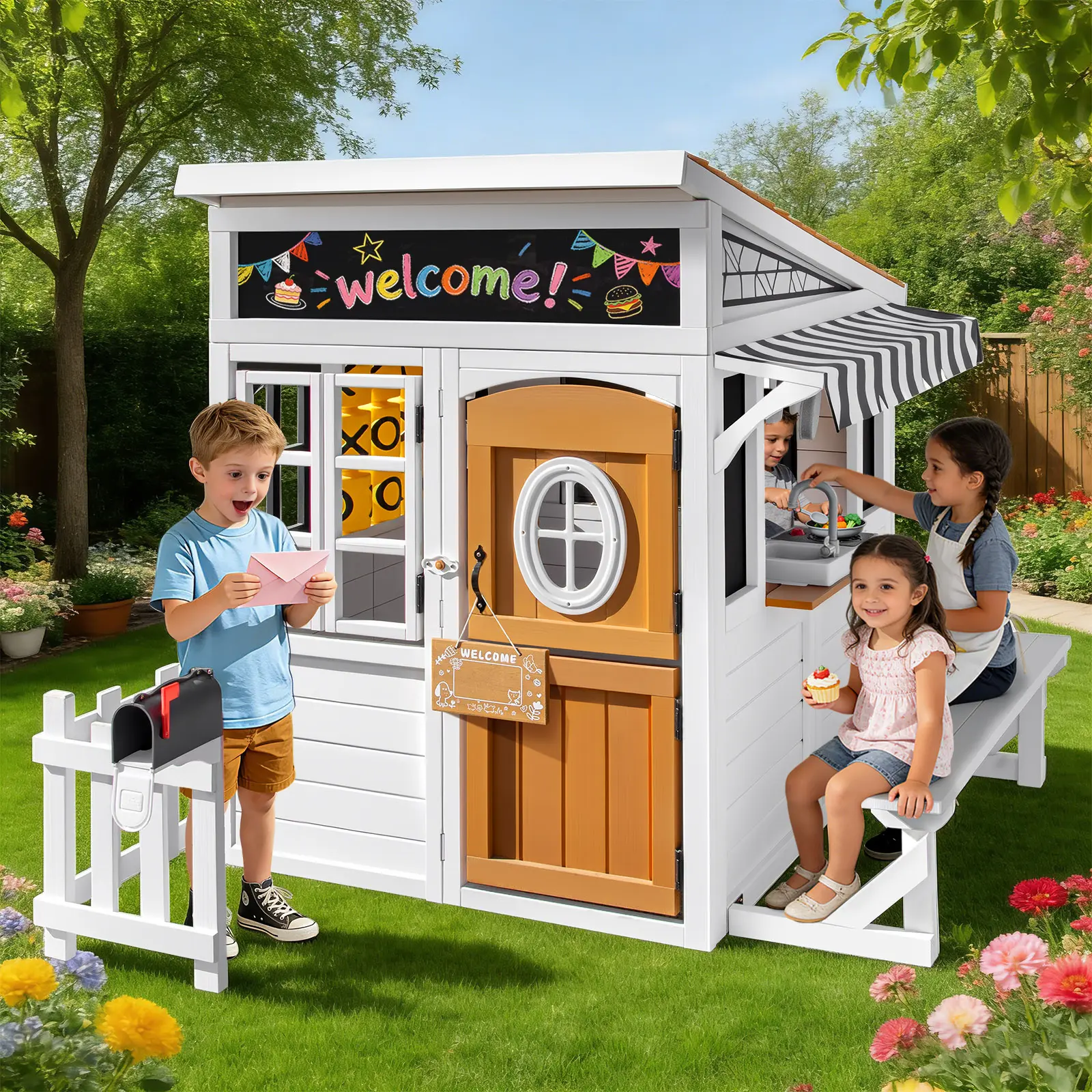 Large Cedar Wooden Kids Playhouse for Ages 3-12, Outdoor Backyard & Garden Play Structure with Play Kitchen, Tic-Tac-Toe, Chalkboard, Doorbell, Dutch Door, Pet Door