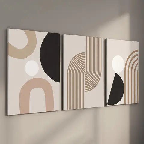 Abstract Geometric Pattern Canvas Painting with Frame, 3 Counts/set Modern Minimalist Wall Art, Modern Abstract Design, Boho Wall Decor for Living Room Bedroom, Modern Home Decor, Ornaments, Wooden Wall Art, Modern Home Decoration