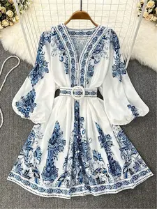 Summer Womens Fashion Dresses, Blue White Boho Print V Neck Puff Sleeve Belted A Line Mini Maxi Dress For Any Occasion