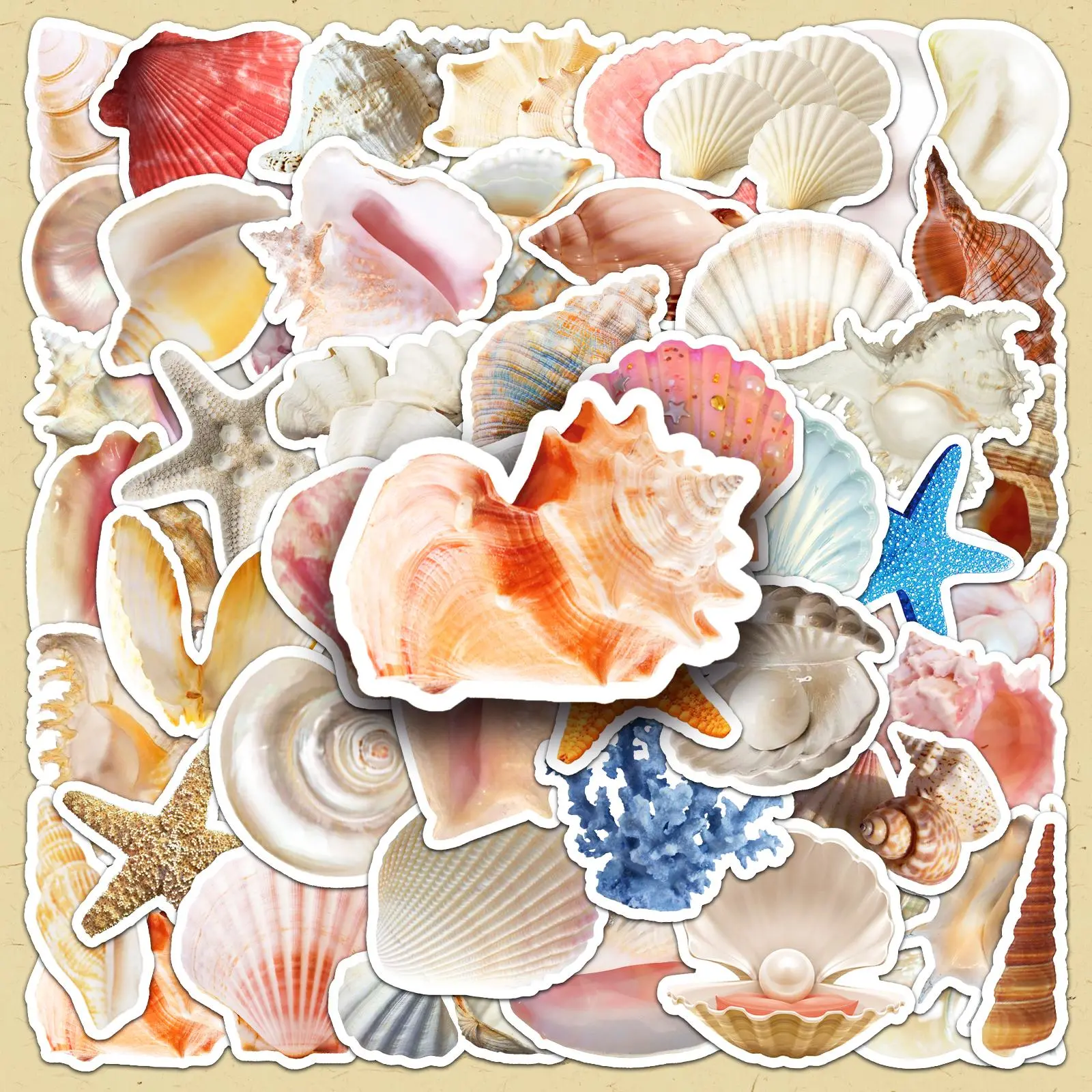 Shell & Sea Life Pattern Sticker, Ocean Stickers, 50pcs/set Sticker Packs DIY Decorative Sticker, Scrapbooking & Stamping Supplies for Home School Office, Art Stickers, Aesthetic Stickers, Crafts Scrapbook Materials, Adhesive Decals, Fun Stickers