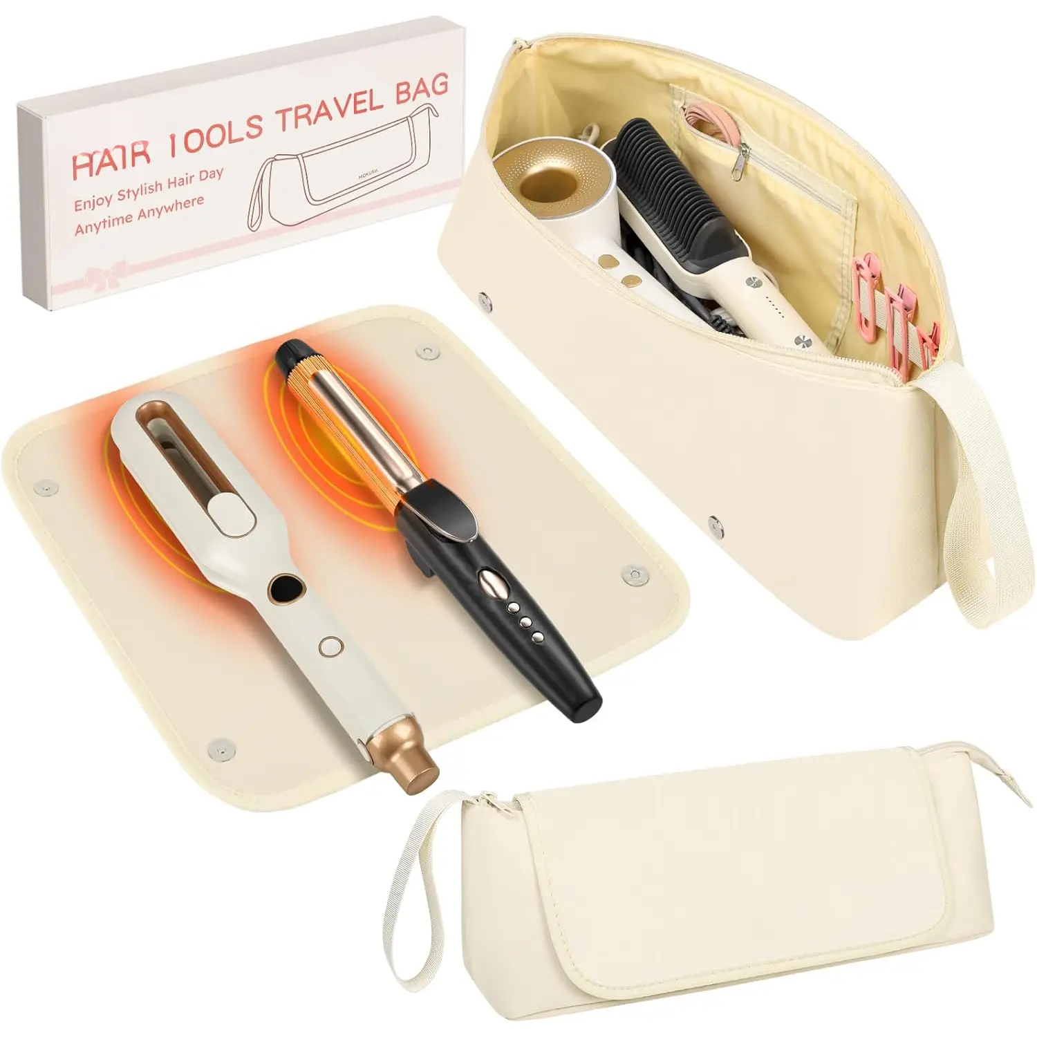 Hot Hair Tools Travel Bag with Heat Resistant Mat Removable, Hair Accessories Organizer Case, Women Travel Essentials, Storage Pouch for Curling Iron Straightener Flat Iron Hair Dryer,