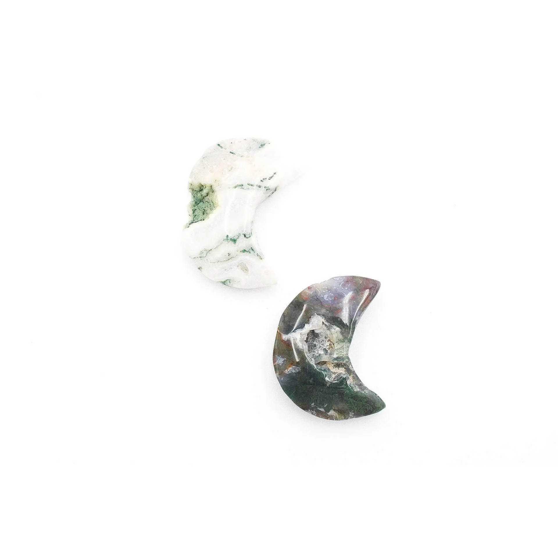 Moss Agate Moons - Natural Mineral with Unique Coloration and Detailed Surface Features