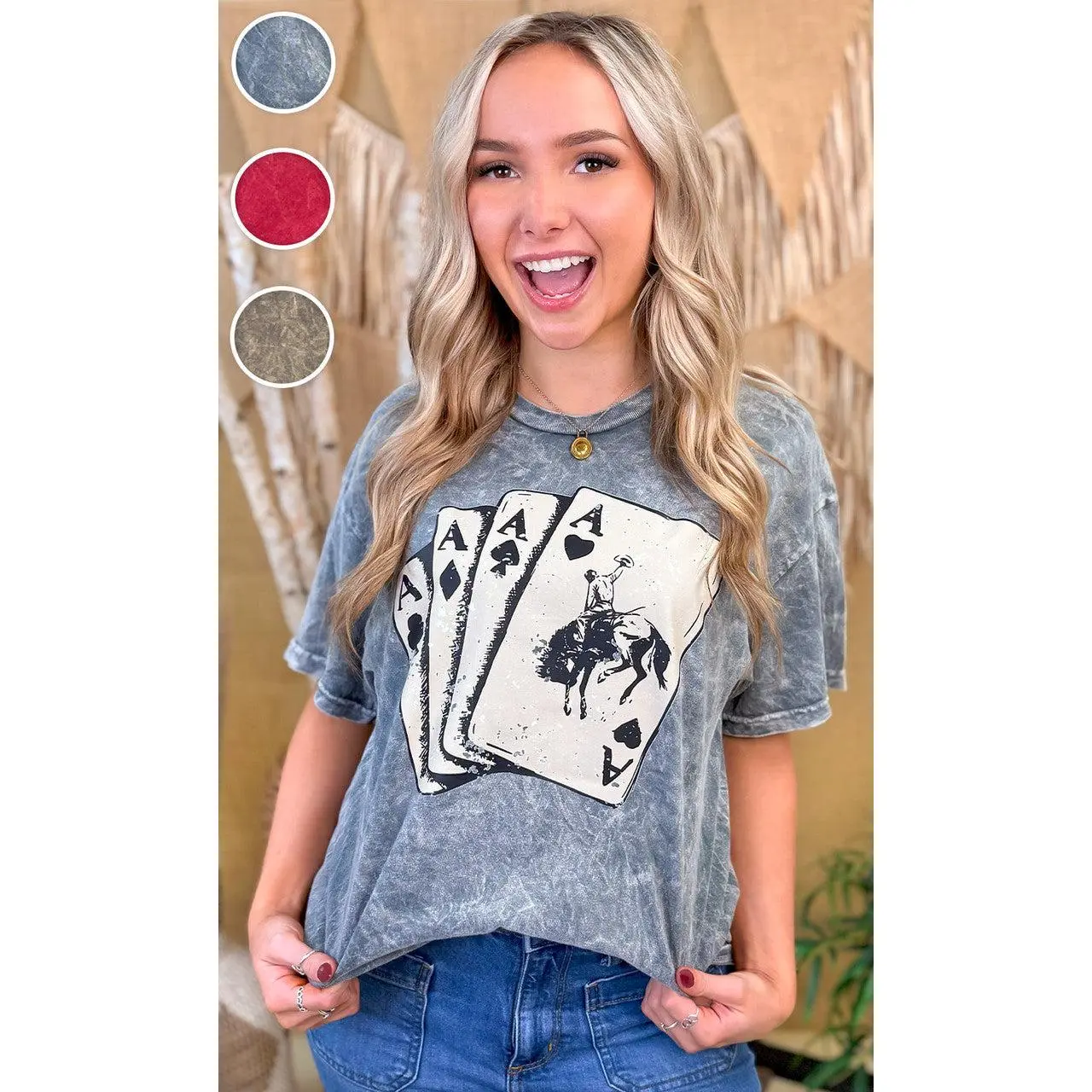 Tees2urdoor Women's Cotton Mineral Washed Graphic Round Neck Short-Sleeve Fitted T-Shirt - Casual Streetwear Basic Garments with Romance Poker Cards Print, 4-Piece Set for Valentine's Day, Shortsleeve, Unisex