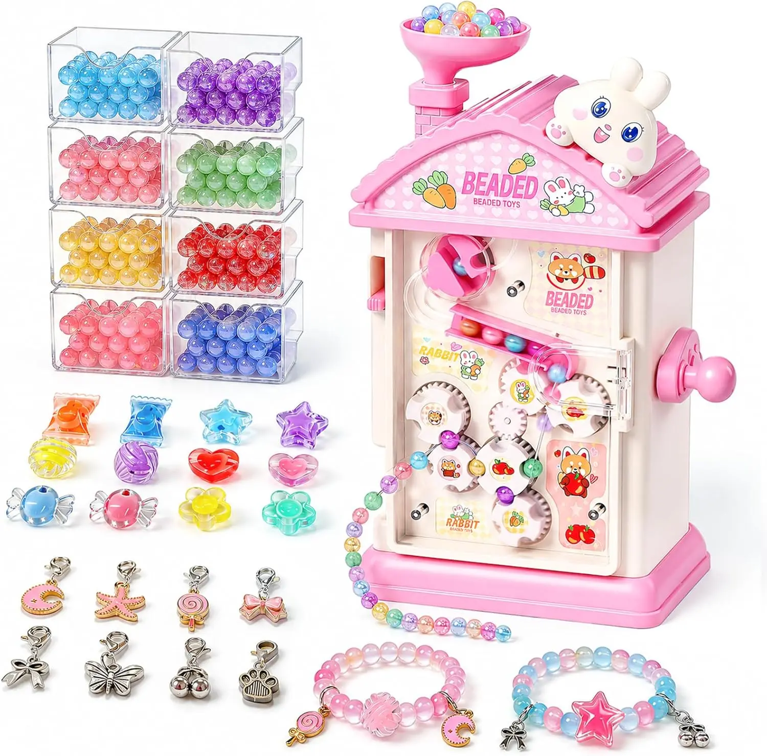 820Pcs Beads Bracelet Kit for Girls 6-12 Automatic Hand-Crank | DIY Beaded Jewelry Maker Kit, Friendship Bracelets Inspires Creativity and Imagination No Batteries Required (Pink)